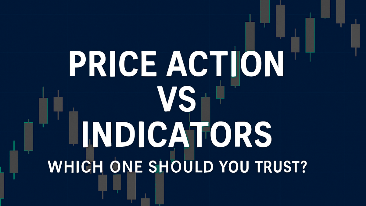 Fundo escuro com um gráfico de velas em preto e branco esmaecido e texto em branco negrito dizendo: "Price Action vs Indicadores: Em Qual Você Deve Confiar?"