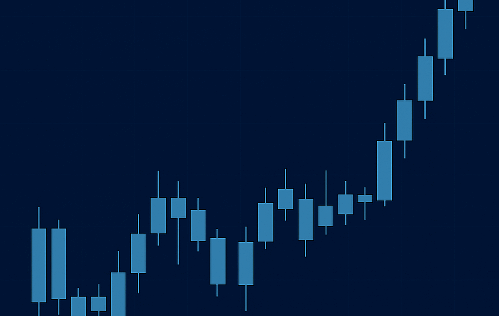 Gráfico digital limpo de preços exibindo barras de preço puras sobre um fundo azul-escuro, representando a leitura barra a barra no price action trading