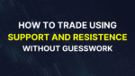 Image with the title "How to Trade Using Support and Resistance Without Guesswork" in white and yellow text over a trading chart background.